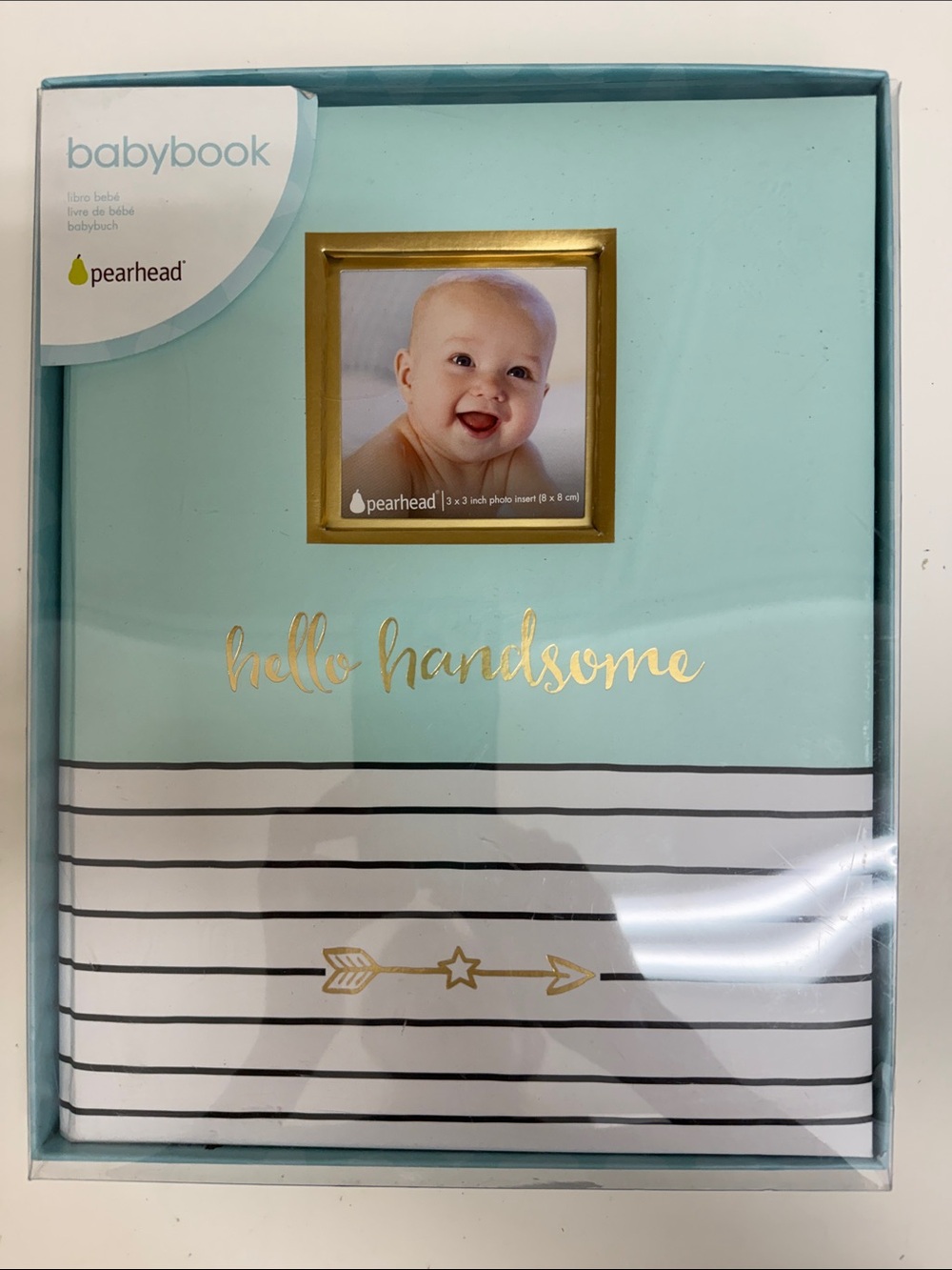 NIB Pearhead Mint and Gold Babybook Photo Album with Black and White Stripes